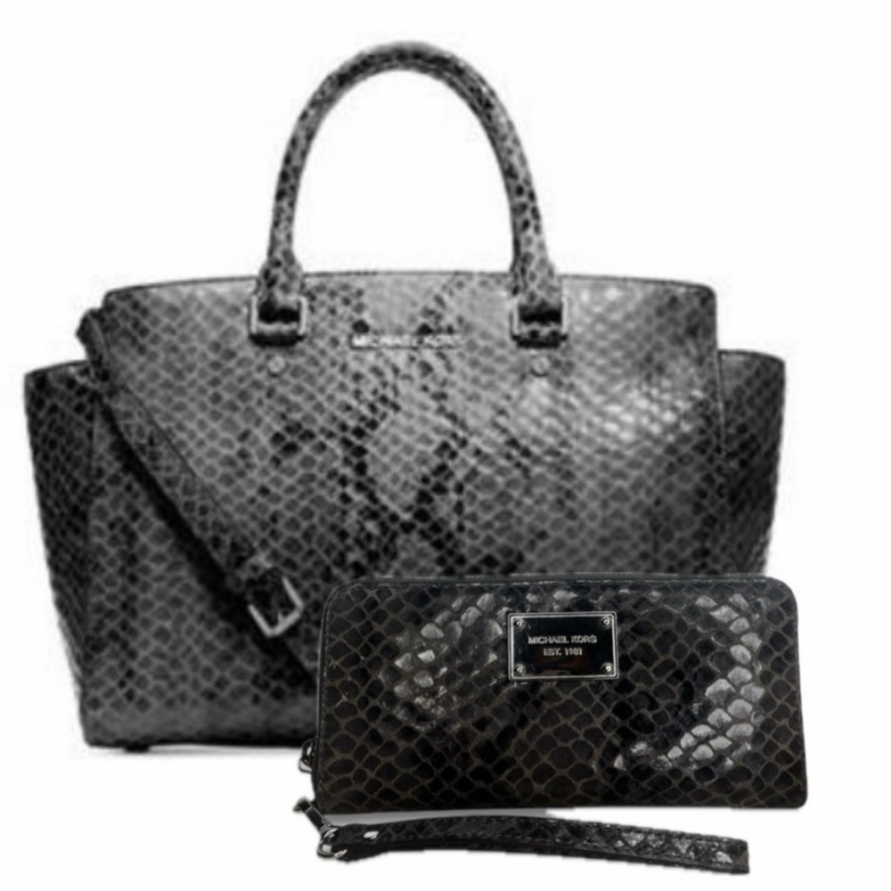 Michael Kors Black Snake-Embossed Tote with Matching Wristlet